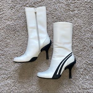 White and black mid calf boots